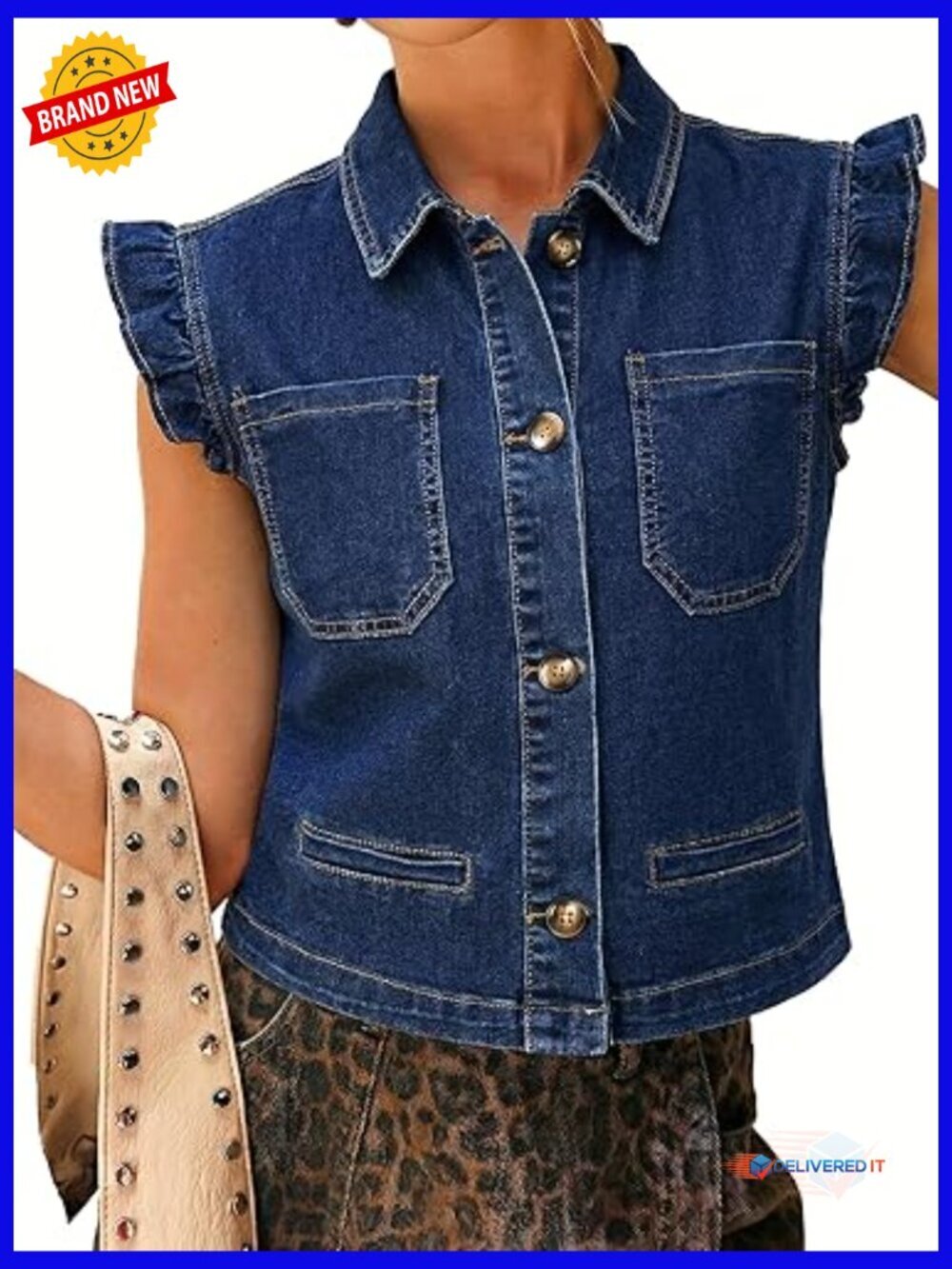 Sleeveless Cropped Denim Vest with Ruffle Cuffs Button Closure